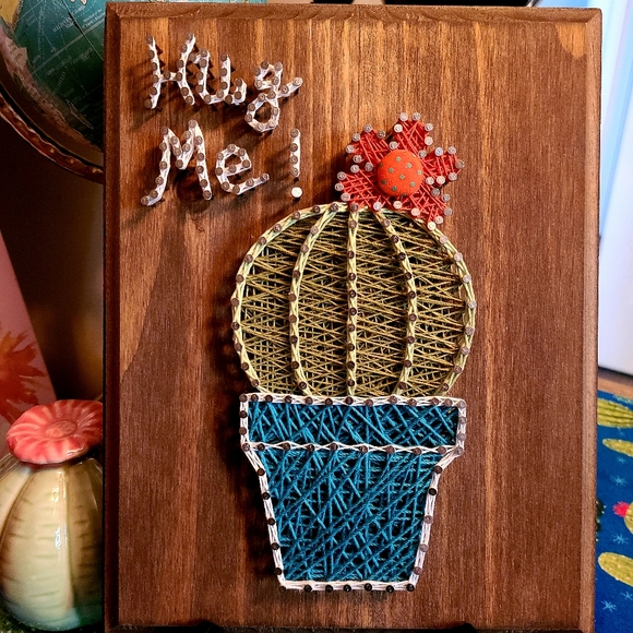 Cactus String Hug Me Art On Solid Wood Plaque 7” x 9” Hand Crafted Southwestern - Picture 4 of 4